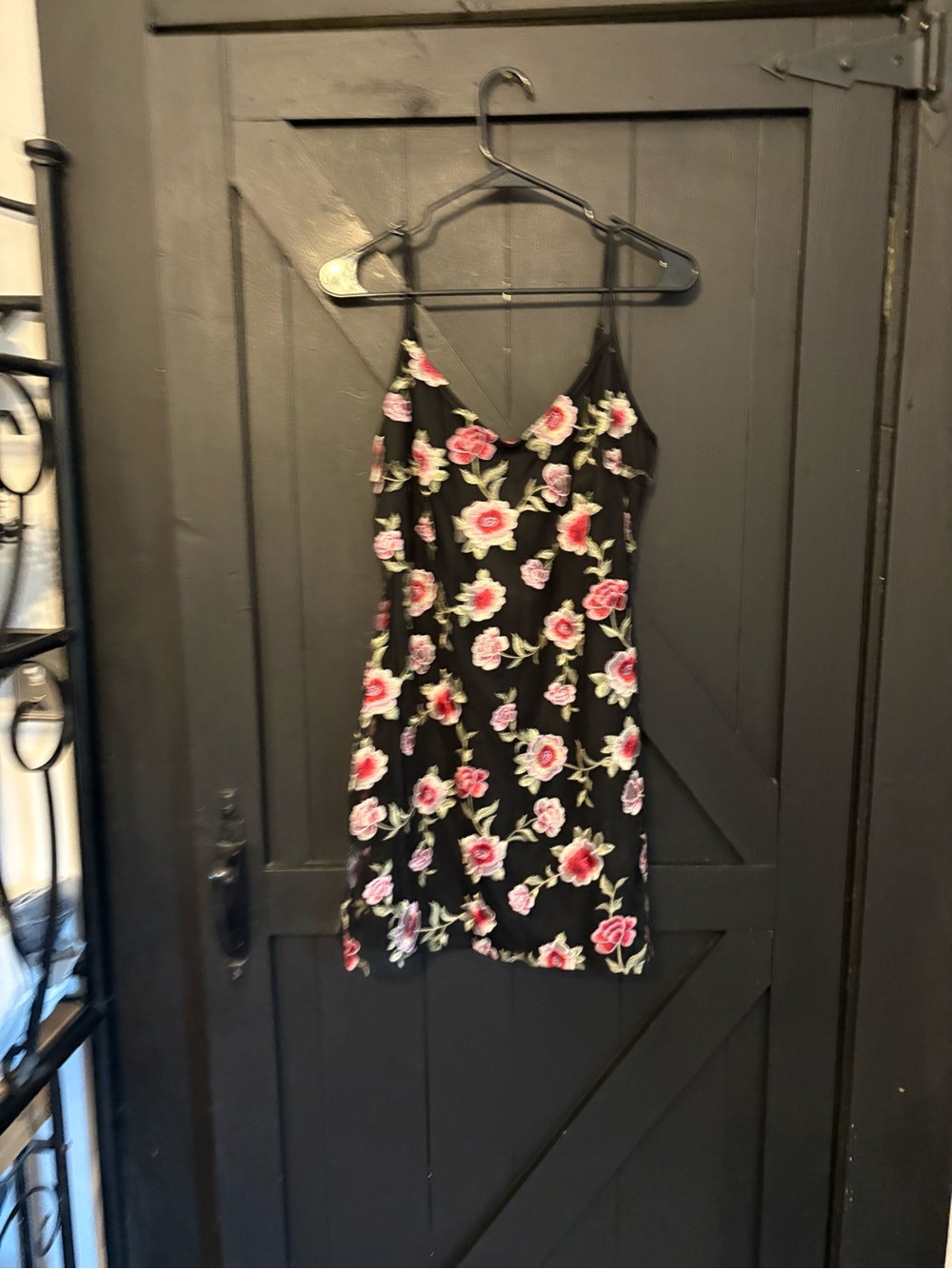 Black Floral Slip Mini Dress with Pink Rose Detail